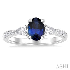 7x5 MM Oval Cut Sapphire & 3/8 Ctw Pear and Round Cut Diamond Precious Ring in 14K White Gold