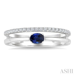 4x3 MM Oval Cut Sapphire and 1/6 Ctw Round Cut Diamond East-West Set Precious Fashion Ring in 14K White Gold