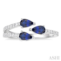 5x3 MM Pear Cut Sapphire and 1/4 Ctw Round Cut Embraced 3-Stone East-West Set Diamond Precious Open Fashion Ring in 14K White Gold