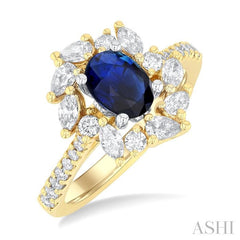 7x5 MM Oval Cut Sapphire and 7/8 Ctw Pear, Marquise & Round Cut Diamond Floral Design Halo Precious Ring in 14K Yellow and White Gold