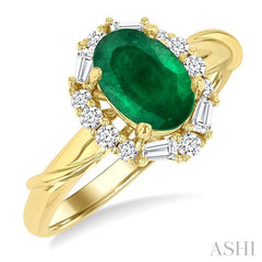 7x5 MM Oval Cut Emerald and 1/3 Ctw Baguette and Round Cut Diamond Halo Precious Ring in 14K Yellow Gold