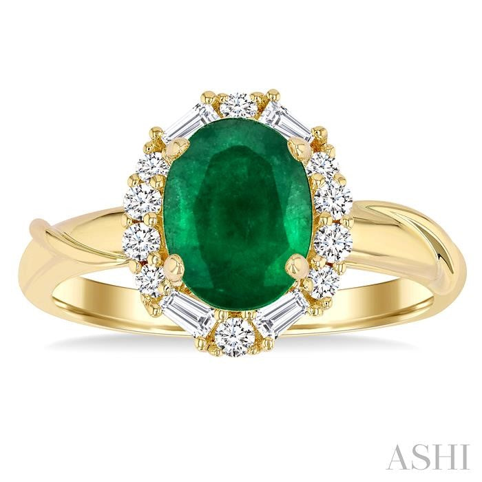 7x5 MM Oval Cut Emerald and 1/3 Ctw Baguette and Round Cut Diamond Halo Precious Ring in 14K Yellow Gold