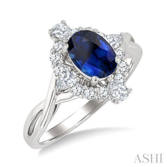 7X5 MM Sapphire, Oval and 1/2 Ctw Round Cut Diamond Halo Precious Ring in 14K White Gold