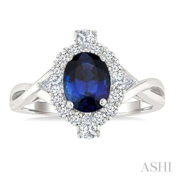 7X5 MM Sapphire, Oval and 1/2 Ctw Round Cut Diamond Halo Precious Ring in 14K White Gold