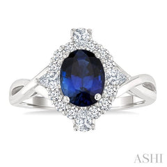 7X5 MM Sapphire, Oval and 1/2 Ctw Round Cut Diamond Halo Precious Ring in 14K White Gold