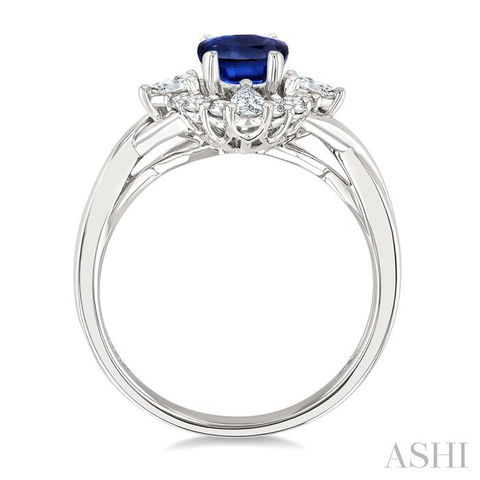 7X5 MM Sapphire, Oval and 1/2 Ctw Round Cut Diamond Halo Precious Ring in 14K White Gold