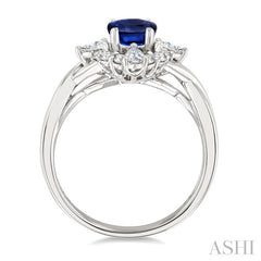 7X5 MM Sapphire, Oval and 1/2 Ctw Round Cut Diamond Halo Precious Ring in 14K White Gold
