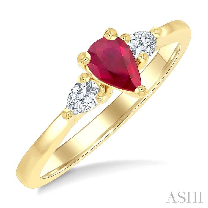 1/5 Ctw 3-Stone Pear Cut 6X4MM Ruby and Diamond Precious Ring in 14K Yellow Gold