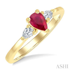 1/5 Ctw 3-Stone Pear Cut 6X4MM Ruby and Diamond Precious Ring in 14K Yellow Gold