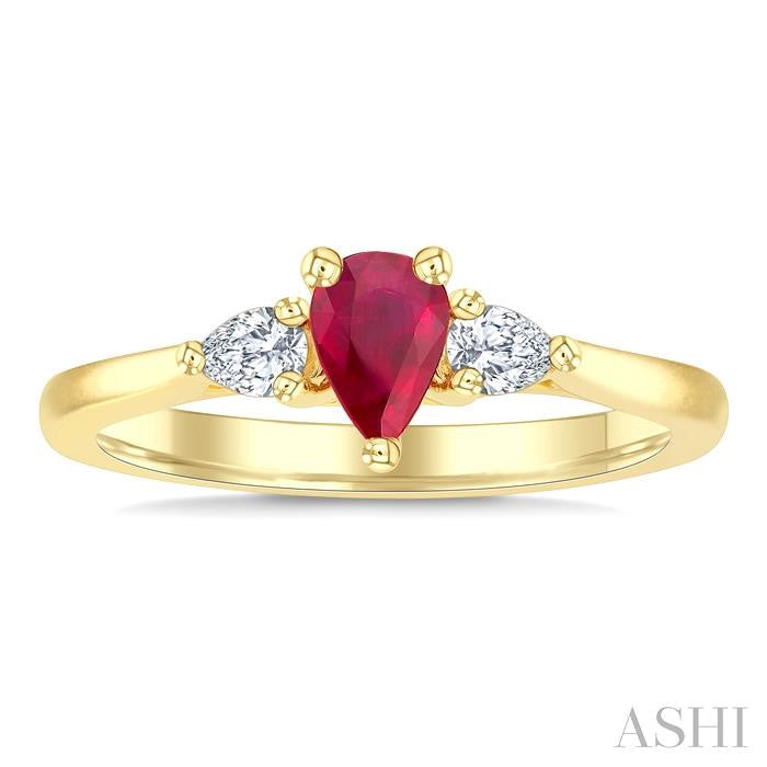 1/5 Ctw 3-Stone Pear Cut 6X4MM Ruby and Diamond Precious Ring in 14K Yellow Gold