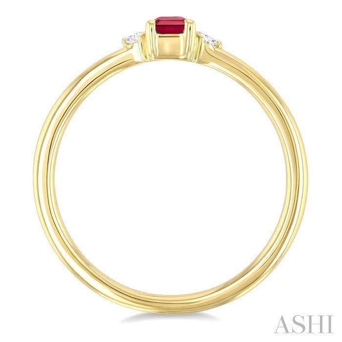 4x3 MM Octagon Shape Ruby and 1/50 Ctw Petite Round Cut Diamond Fashion Ring in 10K Yellow Gold