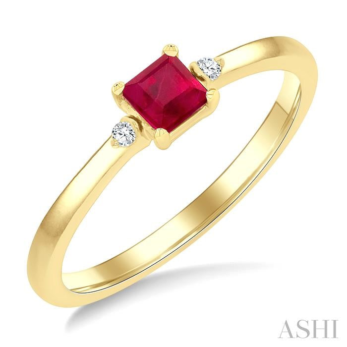 1/50 Ctw Princess Cut 3.5MM Ruby and Round Cut Diamond Petite Precious Ring in 10K Yellow Gold