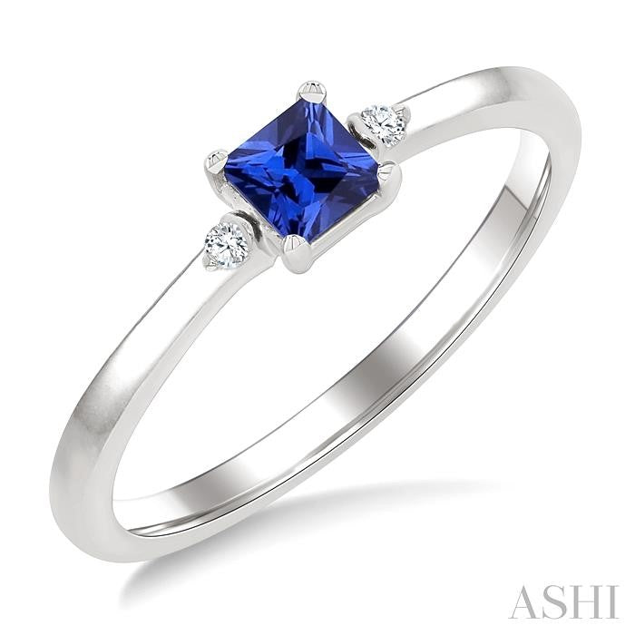 1/50 Ctw Princess Cut 3.5MM Sapphire and Round Cut Diamond Petite Precious Ring in 10K White Gold