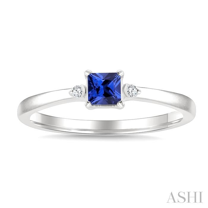 1/50 Ctw Princess Cut 3.5MM Sapphire and Round Cut Diamond Petite Precious Ring in 10K White Gold