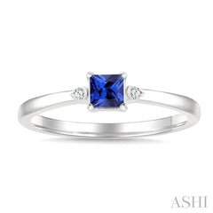 1/50 Ctw Princess Cut 3.5MM Sapphire and Round Cut Diamond Petite Precious Ring in 10K White Gold