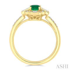 1/3 Ctw Art Deco 6X4MM Emerald, Baguette and Round Cut Diamond Precious Fashion Ring in 14K Yellow Gold