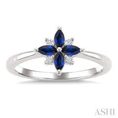 4X2 MM Marquise Shape Sapphire and 1/20 Ctw Round Cut Diamond Blossom Ring in 10K White Gold