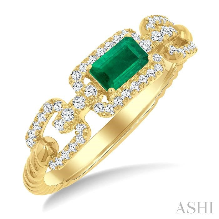 1/4 Ctw 5X3MM Octagon Shape Emerald and Round Cut Diamond Precious Rectangular Open Link Fashion Ring in 14K Yellow Gold