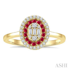 1/4 Ctw Oval Shape 1.35MM Ruby, Baguette and Round Cut Diamond Precious Fusion Fashion Ring in 14K Yellow Gold