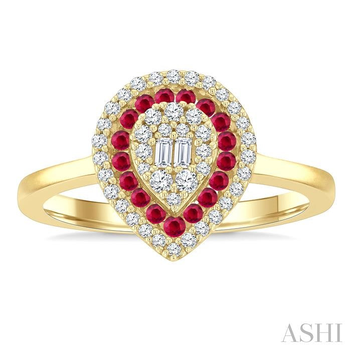 1/4 Ctw Pear Shape 1.25MM & 1.45MM Round Cut Ruby, Baguette and Round Cut Diamond Precious Fusion Ring in 14K Yellow Gold