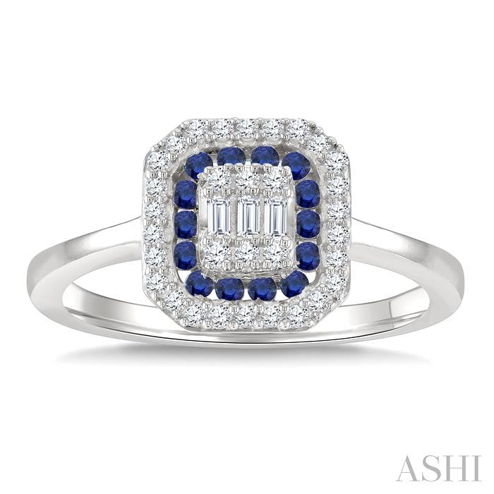 1/4 Ctw Octagonal Shape 1.35MM Round Cut Sapphire, Baguette and Round Cut Diamond Precious Fusion Ring in 14K White Gold