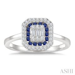 1/4 Ctw Octagonal Shape 1.35MM Round Cut Sapphire, Baguette and Round Cut Diamond Precious Fusion Ring in 14K White Gold