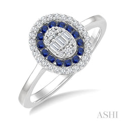 1/4 Ctw Oval Shape 1.35MM Round Cut Sapphire, Baguette and Round Cut Diamond Precious Fusion Fashion Ring in 14K White Gold