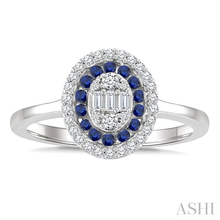 1/4 Ctw Oval Shape 1.35MM Round Cut Sapphire, Baguette and Round Cut Diamond Precious Fusion Fashion Ring in 14K White Gold