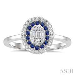 1/4 Ctw Oval Shape 1.35MM Round Cut Sapphire, Baguette and Round Cut Diamond Precious Fusion Fashion Ring in 14K White Gold