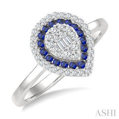 1/4 Ctw Pear Shape 1.25MM & 1.45MM Round Cut Sapphire, Baguette and Round Cut Diamond Precious Fusion Ring in 14K White Gold