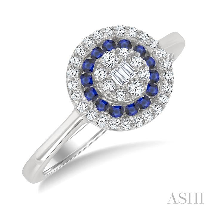 1/4 Ctw Circular Shape 1.35MM Round Cut Sapphire, Baguette and Round Cut Diamond Precious Fusion Ring in 14K White Gold