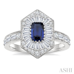 1 Ctw Art Deco Hexagon 6X4MM Octagon Shape Sapphire, Baguette and Round Cut Diamond Precious Fashion Ring in 14K White Gold