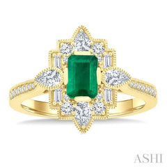 6X4 MM Octagon Cut Emerald and 5/8 Ctw Art Deco Mixed Diamond Cut Precious Fashion Ring in 14K Yellow Gold