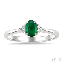 1/20 Ctw Oval Cut 6X4 MM Emerald and Round Cut Diamond Precious Ring in 10K White Gold