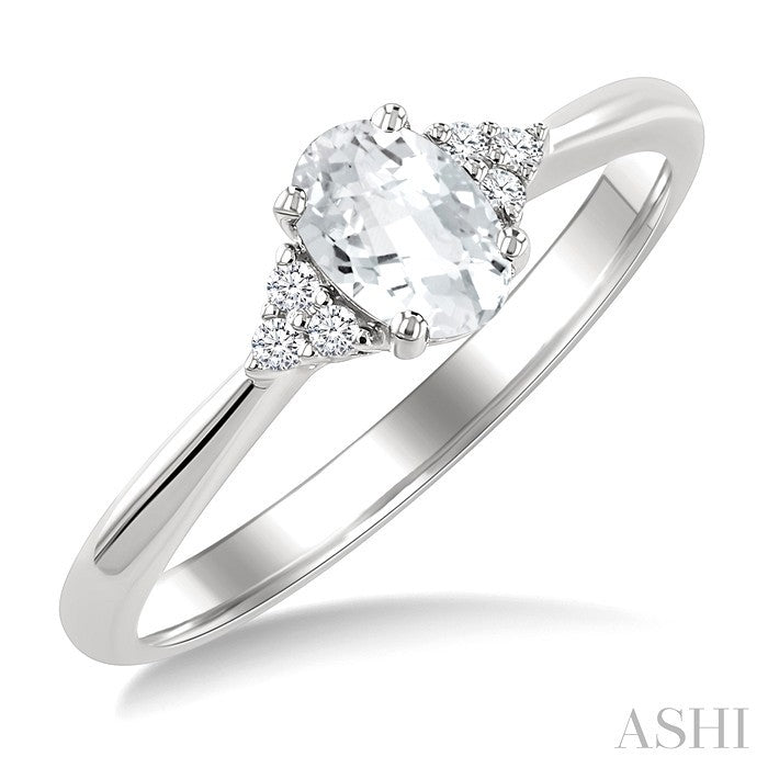 1/20 Ctw Oval Cut 6X4 MM White Topaz and Round Cut Diamond semi-precious Ring in 10K White Gold