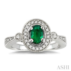 6x4 MM Oval Cut Emerald and 1/5 Ctw Round Cut Diamond Ring in 14K White Gold