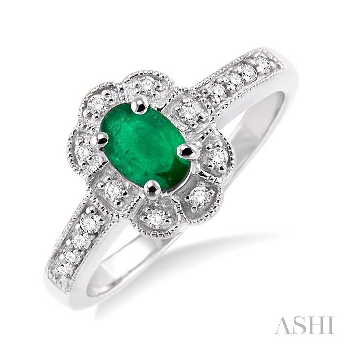 6x4 MM Oval Cut Emerald and 1/6 Ctw Round Cut Diamond Ring in 14K White Gold