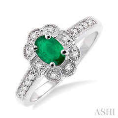 6x4 MM Oval Cut Emerald and 1/6 Ctw Round Cut Diamond Ring in 14K White Gold