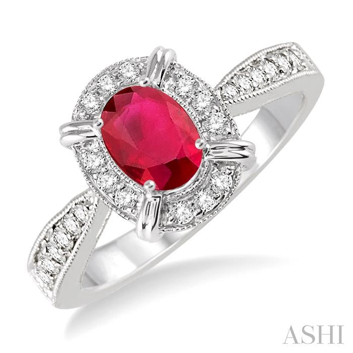 6x4 MM Oval Shape Ruby and 1/6 Ctw Round Cut Diamond Ring in 14K White Gold