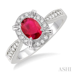 6x4 MM Oval Shape Ruby and 1/6 Ctw Round Cut Diamond Ring in 14K White Gold