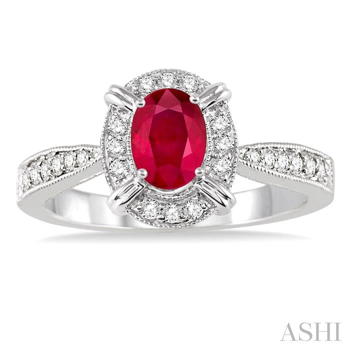 6x4 MM Oval Shape Ruby and 1/6 Ctw Round Cut Diamond Ring in 14K White Gold