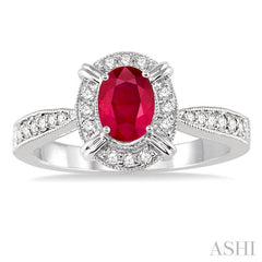 6x4 MM Oval Shape Ruby and 1/6 Ctw Round Cut Diamond Ring in 14K White Gold