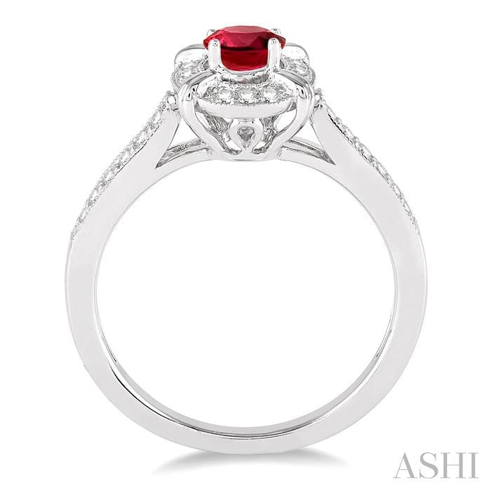 6x4 MM Oval Shape Ruby and 1/6 Ctw Round Cut Diamond Ring in 14K White Gold