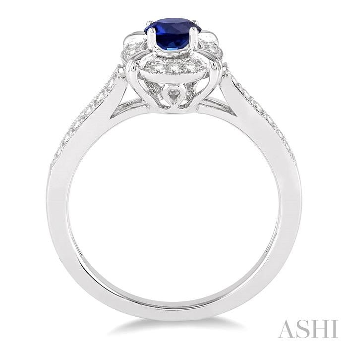 6x4 MM Oval Shape Sapphire and 1/6 Ctw Round Cut Diamond Ring in 14K White Gold