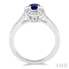 6x4 MM Oval Shape Sapphire and 1/6 Ctw Round Cut Diamond Ring in 14K White Gold