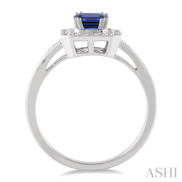 6x4 MM Emerald Shape Sapphire and 1/4 Ctw Round Cut Diamond Ring in 14K White Gold