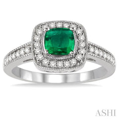 5x5 MM Cushion Shape Emerald and 1/4 Ctw Round Cut Diamond Ring in 14K White Gold