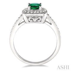 5x5 MM Cushion Shape Emerald and 1/4 Ctw Round Cut Diamond Ring in 14K White Gold