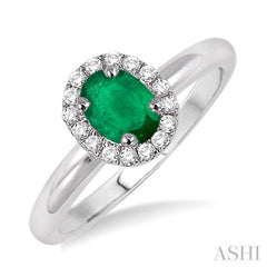 6x4 MM Oval Shape Emerald and 1/6 Ctw Round Cut Diamond Precious Ring in 14K White Gold