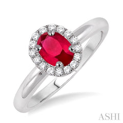 6x4 MM Oval Shape Ruby and 1/6 Ctw Round Cut Diamond Precious Ring in 14K White Gold